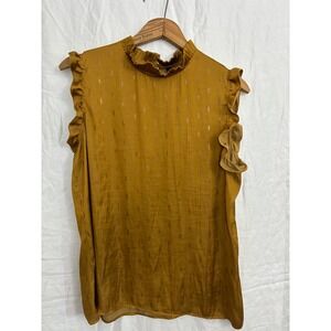 Luna Rae Blouse Women L Mustard Gold Metallic Leaf Ruffle Mock Neck Sleeveless